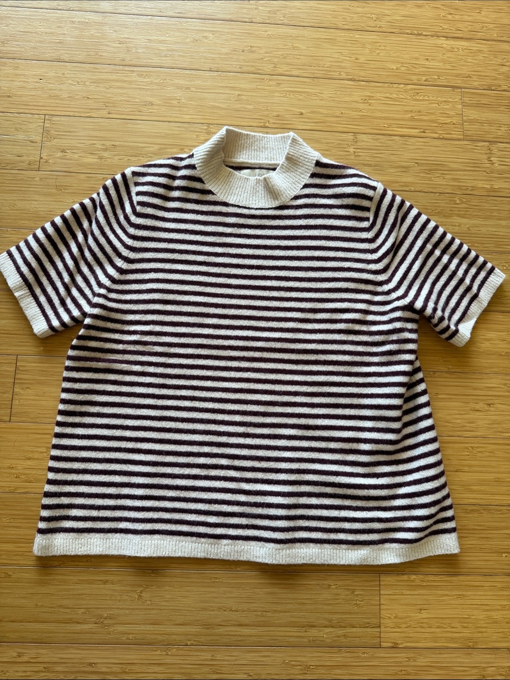 LOFT Cream and Wine Striped Short-Sleeve Wool Blend Sweater